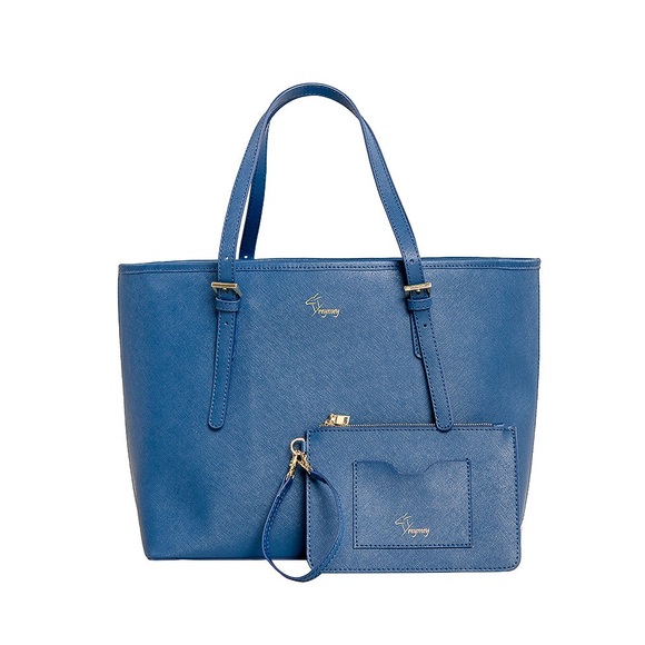 Reymey Calf-skin Saffiano Leather Blue Tote Bag with Pouch - Picture 1 of 17